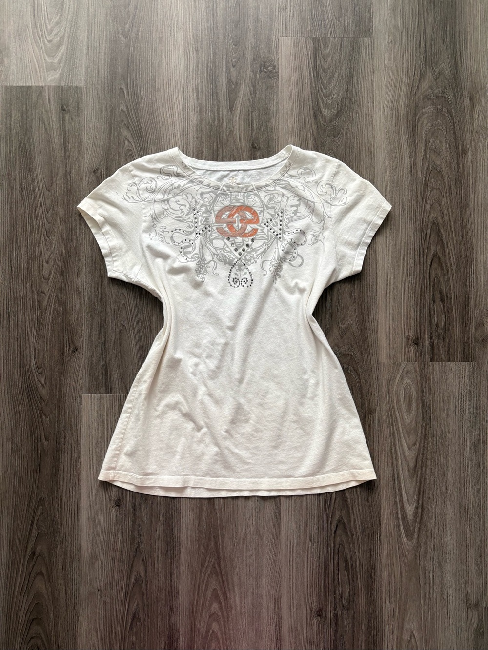 Y2K Marc Ecko White Short-Sleeve Tee with Orange Studded Logo